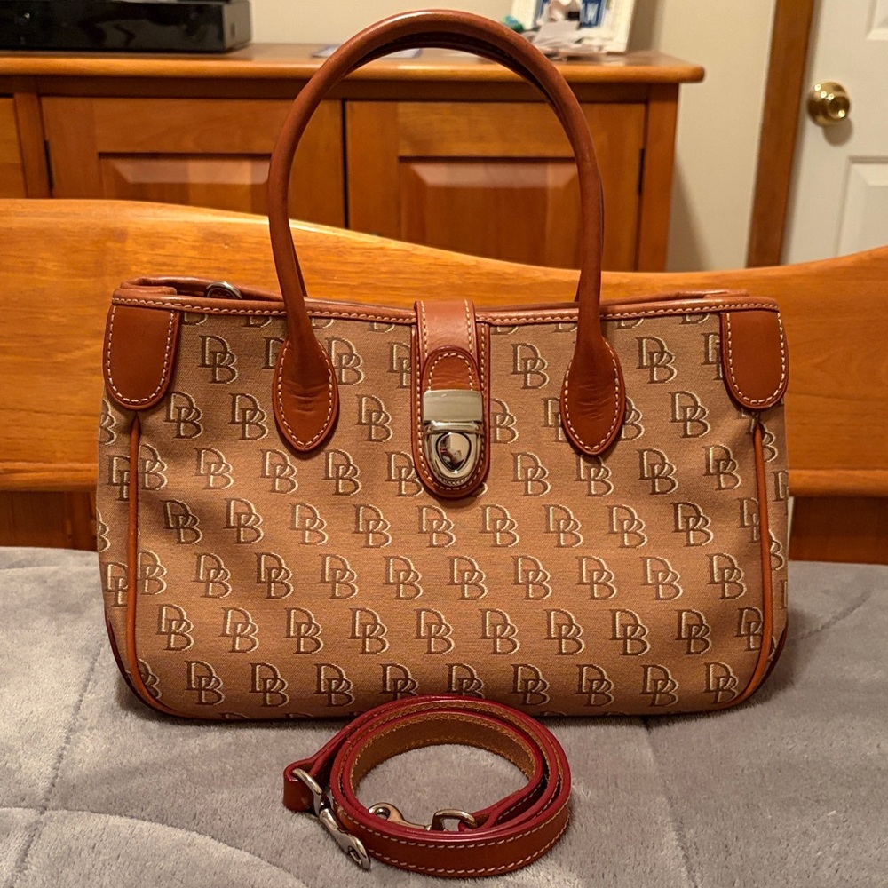 Dooney & Bourke Brown Logo Satchel with Tan Leather Trim